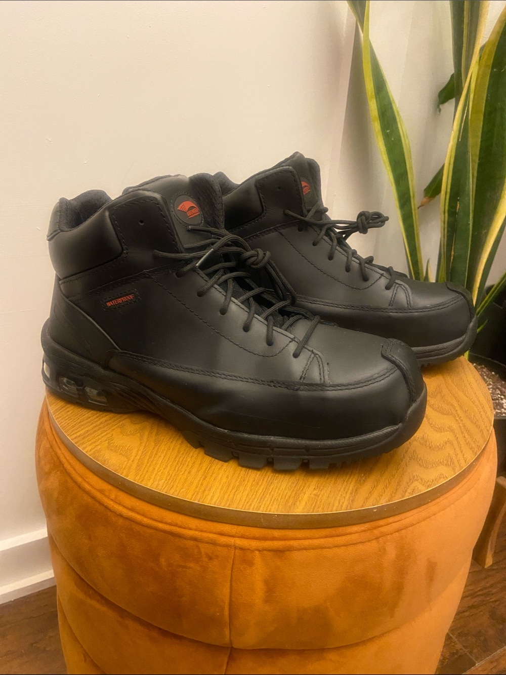 Avenger Black Men's Lace-Up Work Boots with Red Logo Accents